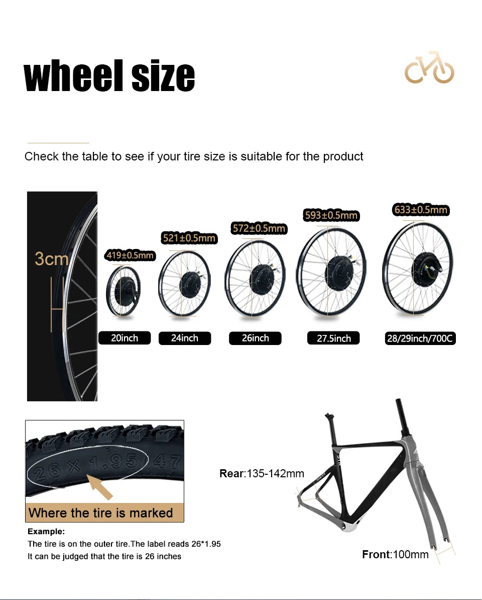 48V 1000W Electric Bicycle 20-29inch 700C Front Rear Hub Motor Wheel Kit