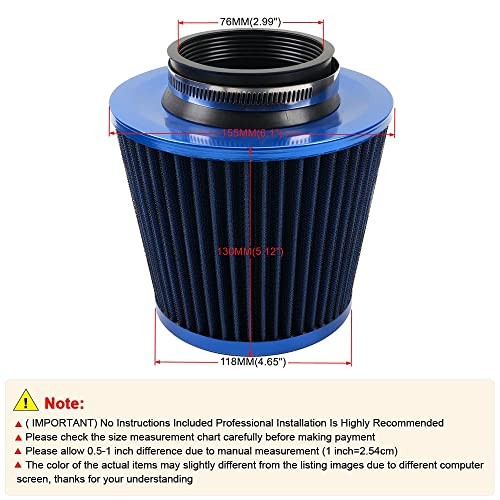 3-inch Cold Air Intake Filter 76mm, High Performance Clamp-On Engine Blue