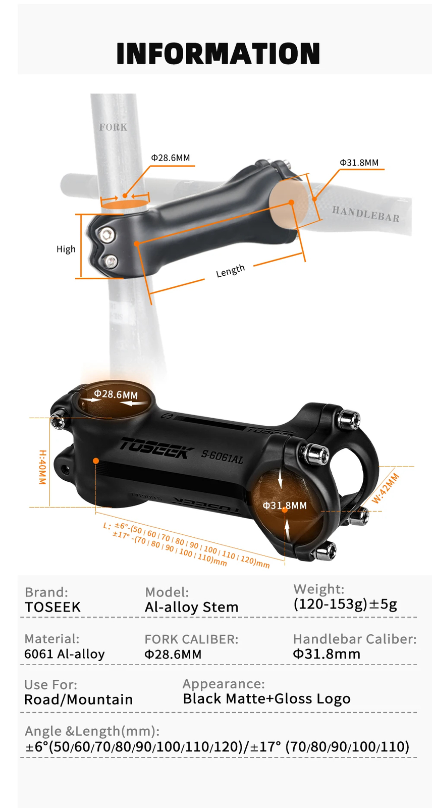 Bicycle Stem 31.8mm MTB Road Bike Handlebar Stem Angle 6/17Degrees 60-120mm