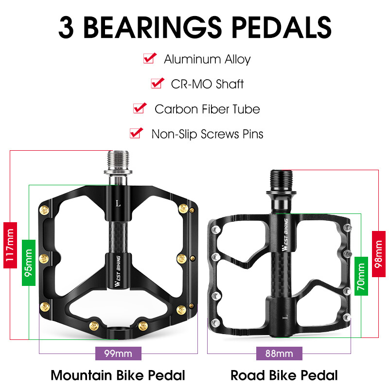 WEST BIKING Bicycle Pedals Carbon Fiber Axle 3 Bearing MTB Road Bike Pedals
