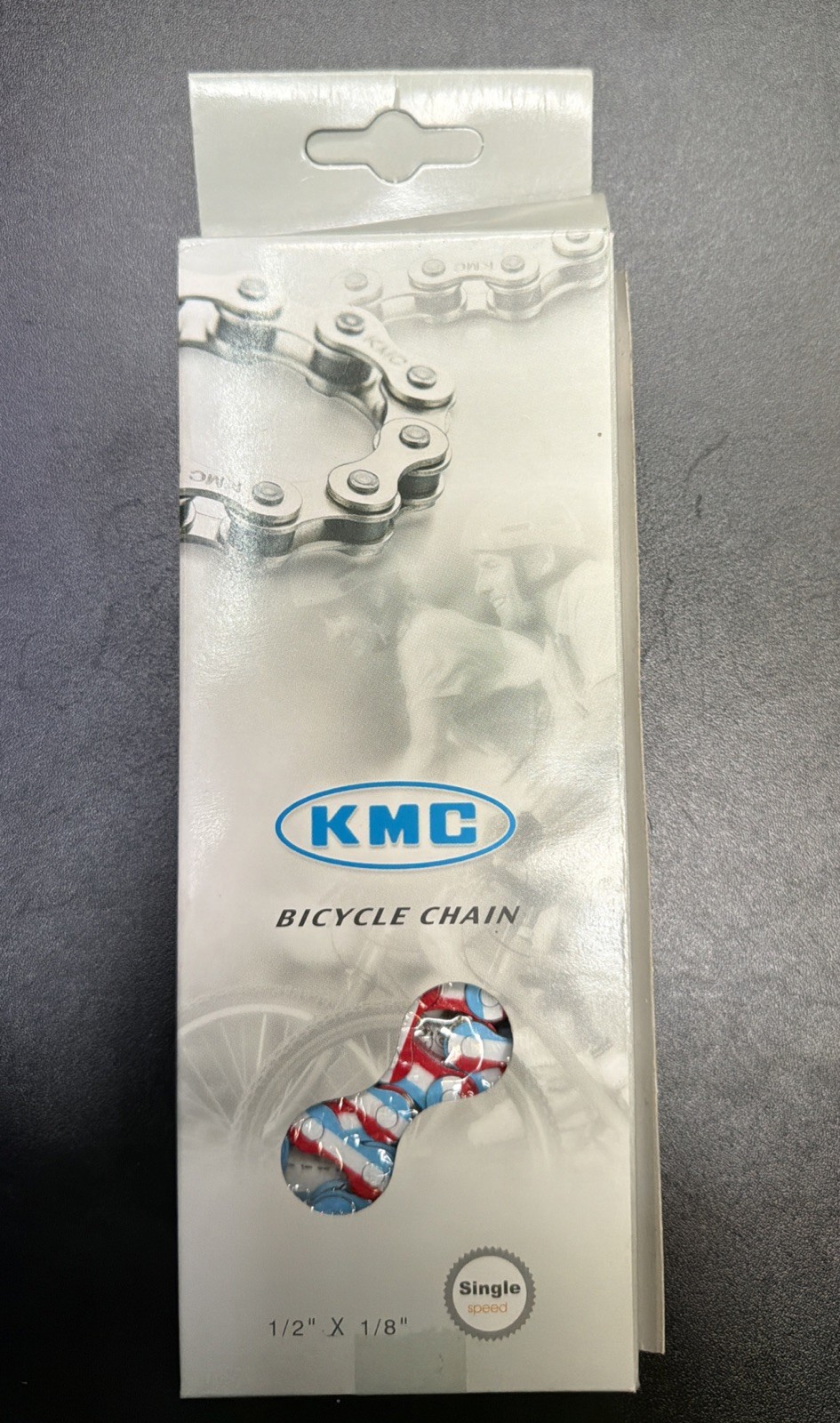 Red/White/Blue KMC Single Speed Bicycle Chain/ BMX 1/2×1/8. 113L