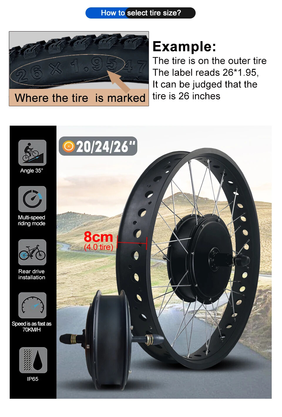 48V 2000W 4.0Tyre Hub Motor Wheel Dropout 190mm for Snow E-bike Conversion Kit