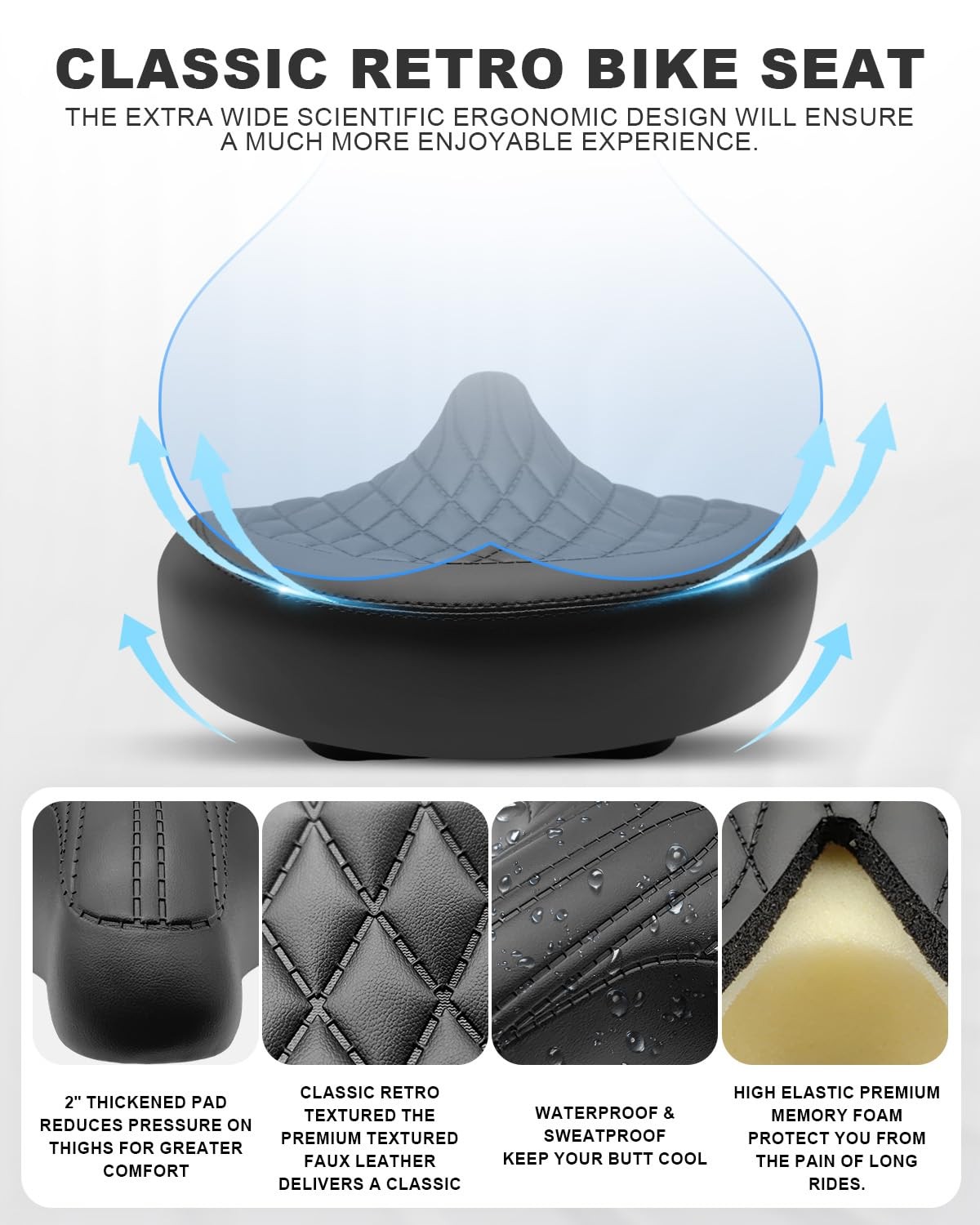 Oversized Wide Bike Seat for Men & Women, Comfort Soft Vintage Width: 9.8IN