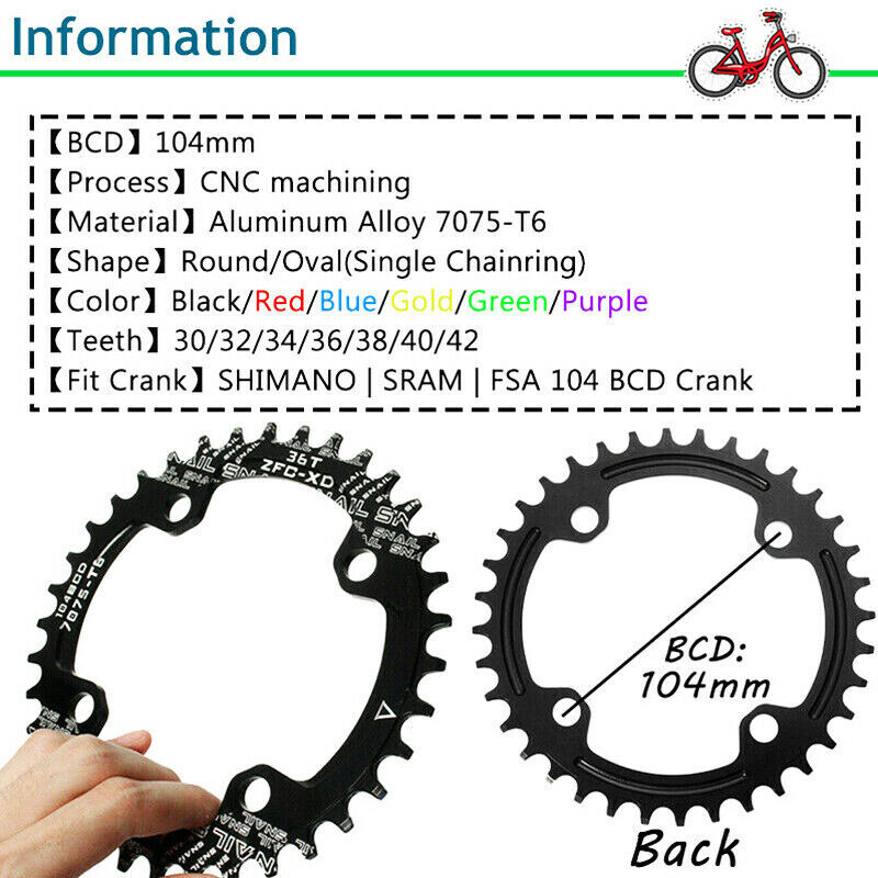 US Bicycle BMX MTB Chainring 104BCD 30T-52T Narrow Wide Single Tooth Chain Ring