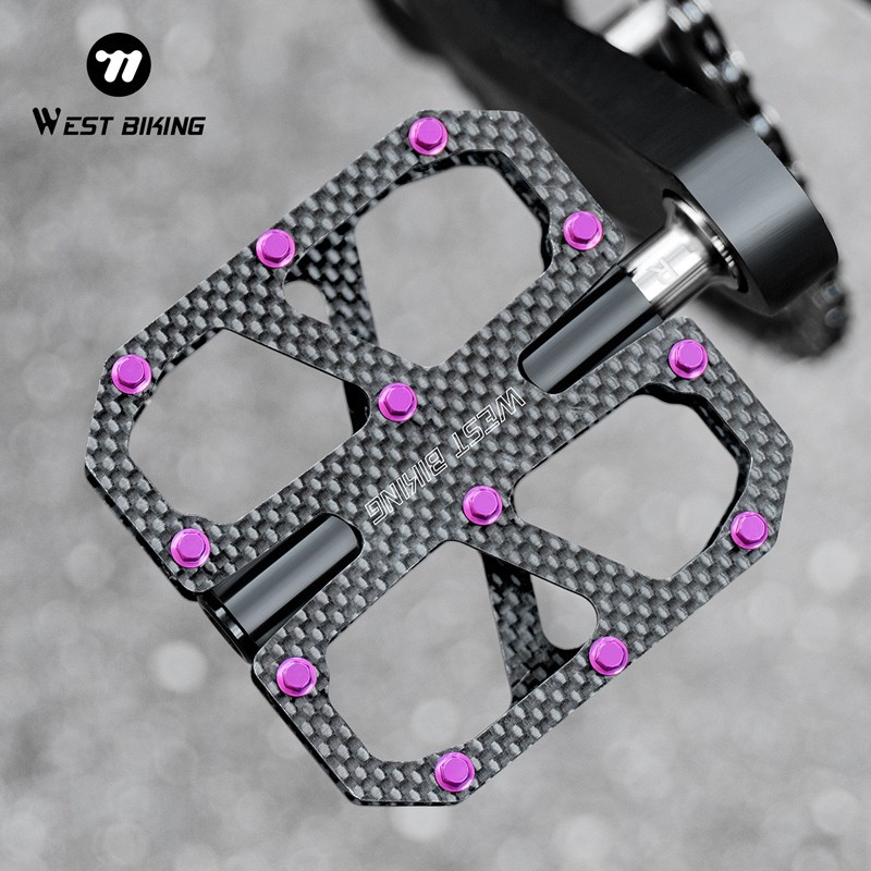 WEST BIKING Carbon Fiber Road Bike Pedals 3 Bearings Titanium Axis Pedals Purple