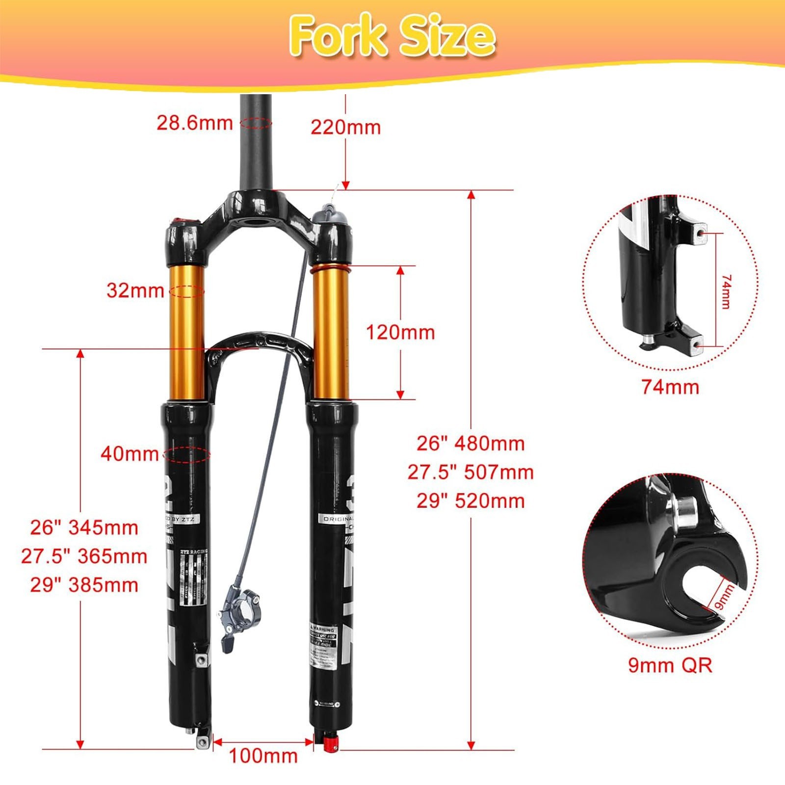 ZTZ 26/27.5/29 inch MTB Air Suspension Fork QR 9mm*100mm for XC/AM Mountain Bike