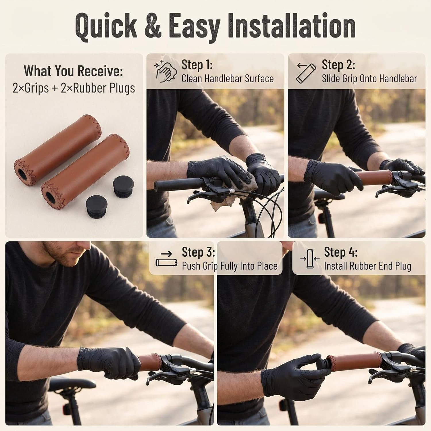 2Pcs 12Cm/4.7 Inch Long Brown PU Leather Bike Handlebar Grips with End Cap Hand-