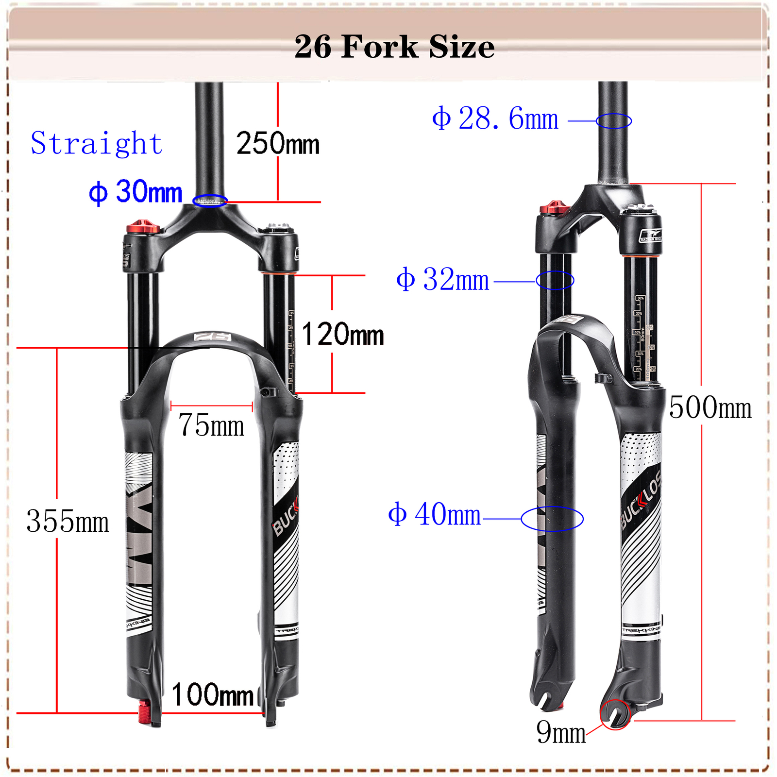 26″ Air Suspension Fork MTB Bike 120mm Travel 1-1/8″ Disc Brake 9mm QR Rebound
