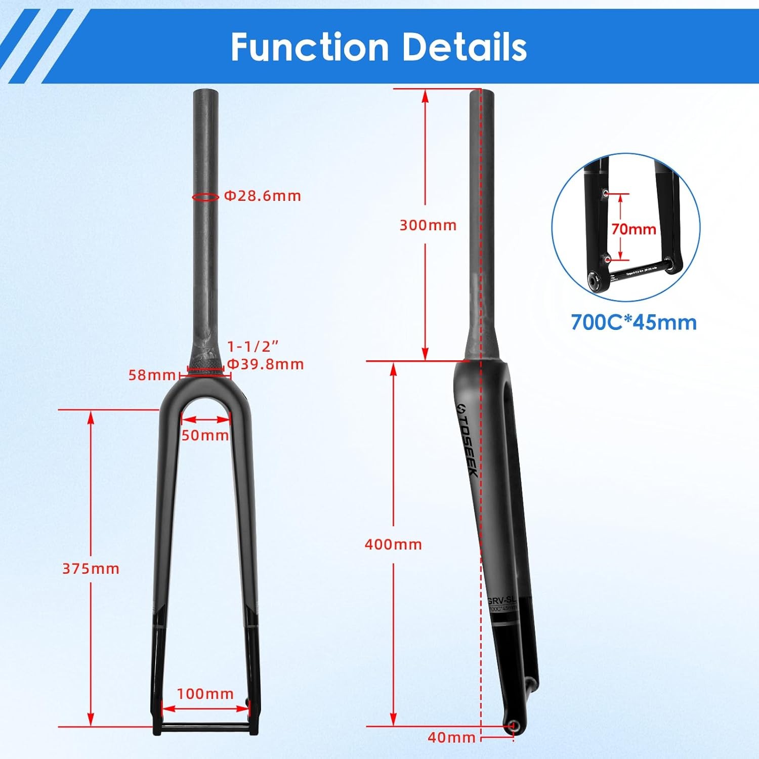 TOSEEK 700C Rigid Carbon Fiber Gravel MTB Bike Fork Tapered Disc Brake 100*12mm