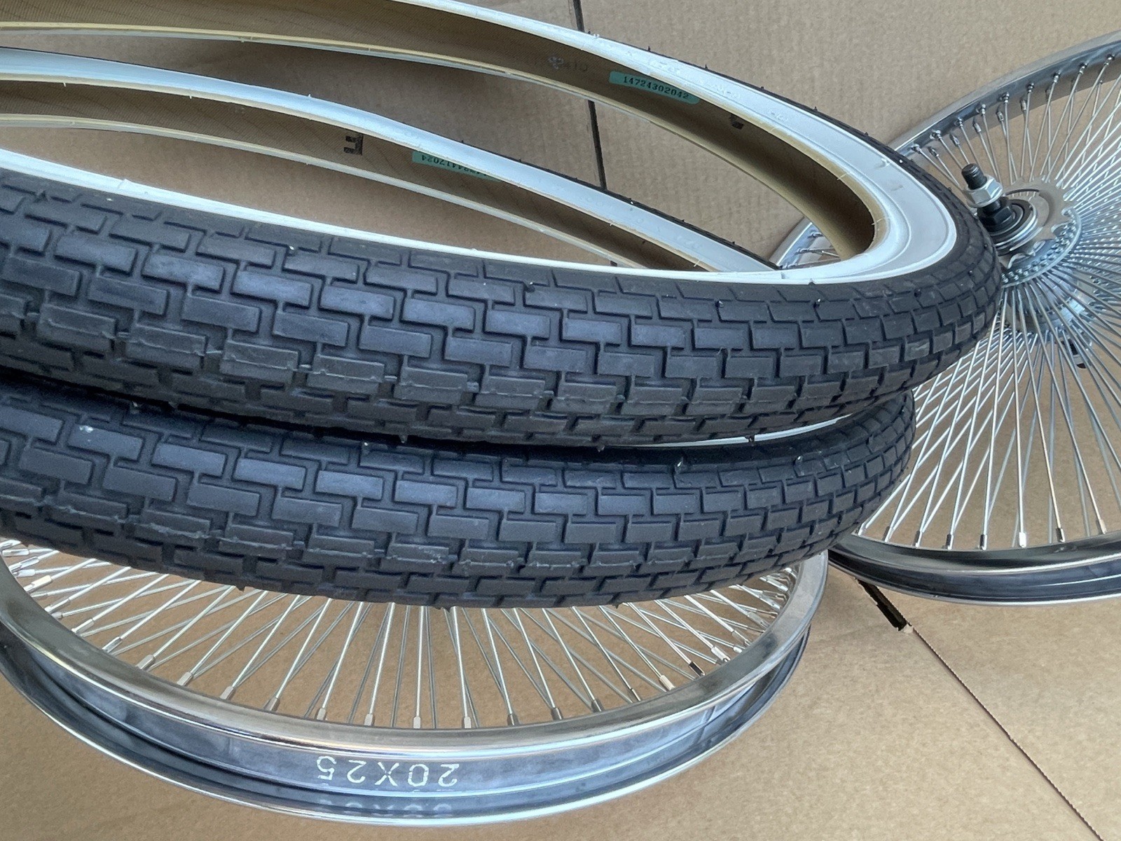 PAIR 20″ Vintage Lowrider Bicycle Chrome Wheels Front Back 144 Spoke Tires Tubes