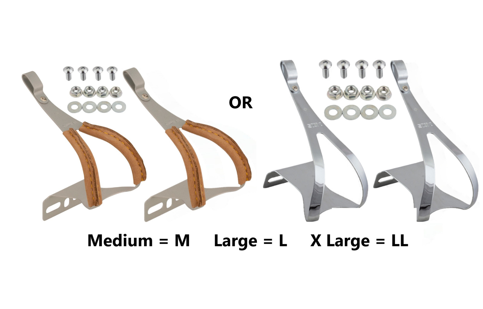 New MKS Classic Vintage Style Steel Toe Clips Sizes M, L, LL with Hardware NJS