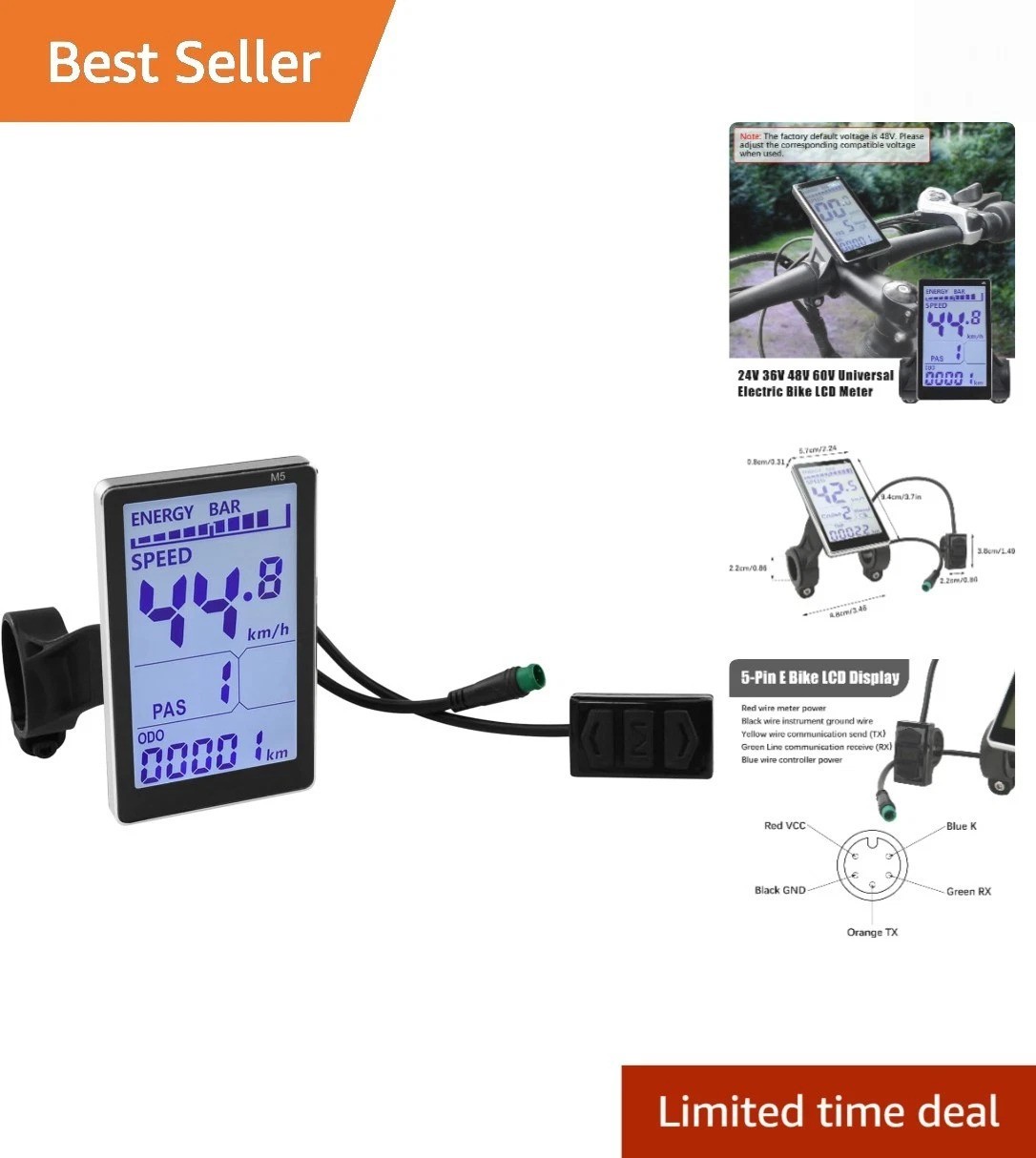 Electric Bike LCD Display, 5 Pin E Scooter M5 Panel Meter Screen with Waterpr…