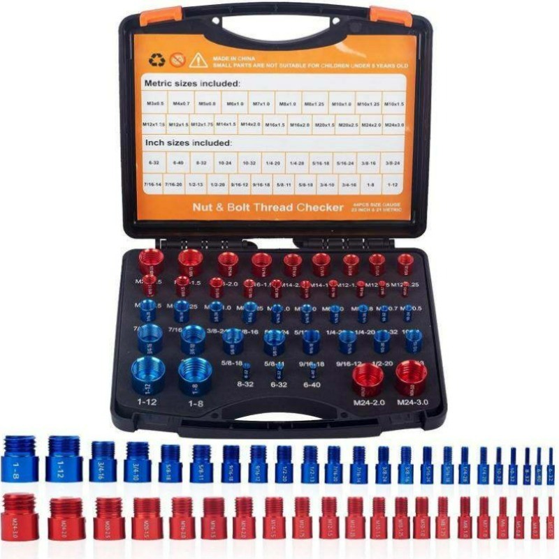 Inch & Metric Sizes Bolt/Nut Identifier 44pcs Nut/ Bolt Thread Checker Gauge Box