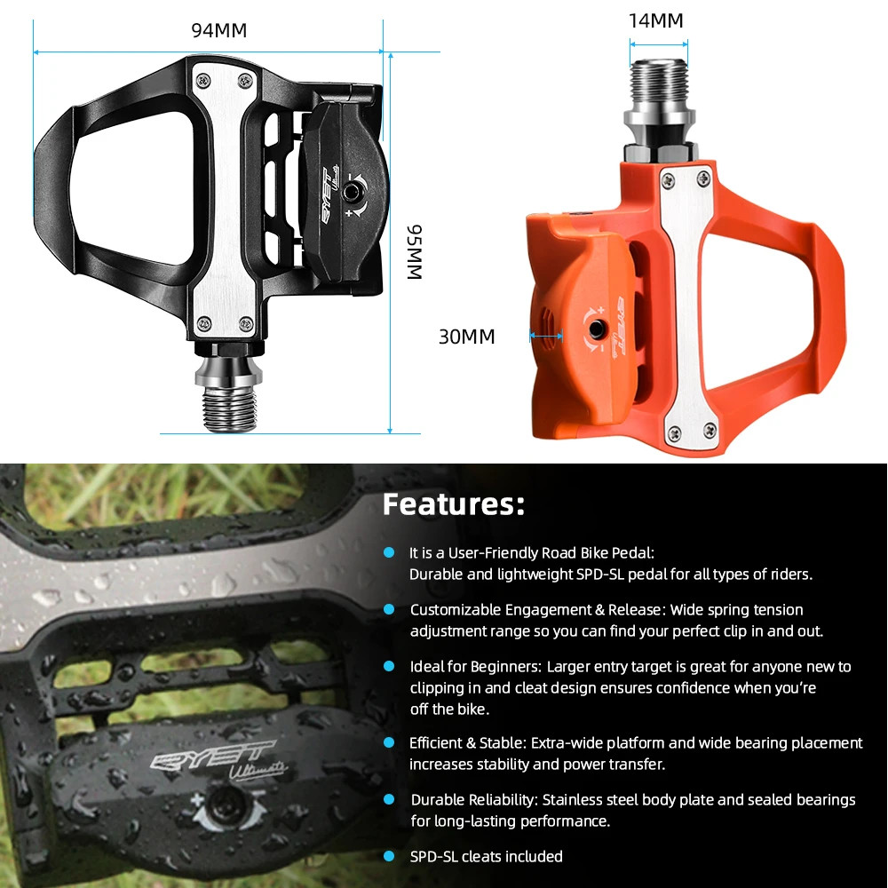 RYET Road Bike Clipless Pedals 285g SPD-SL Compatible with Cleats Sealed Bearing