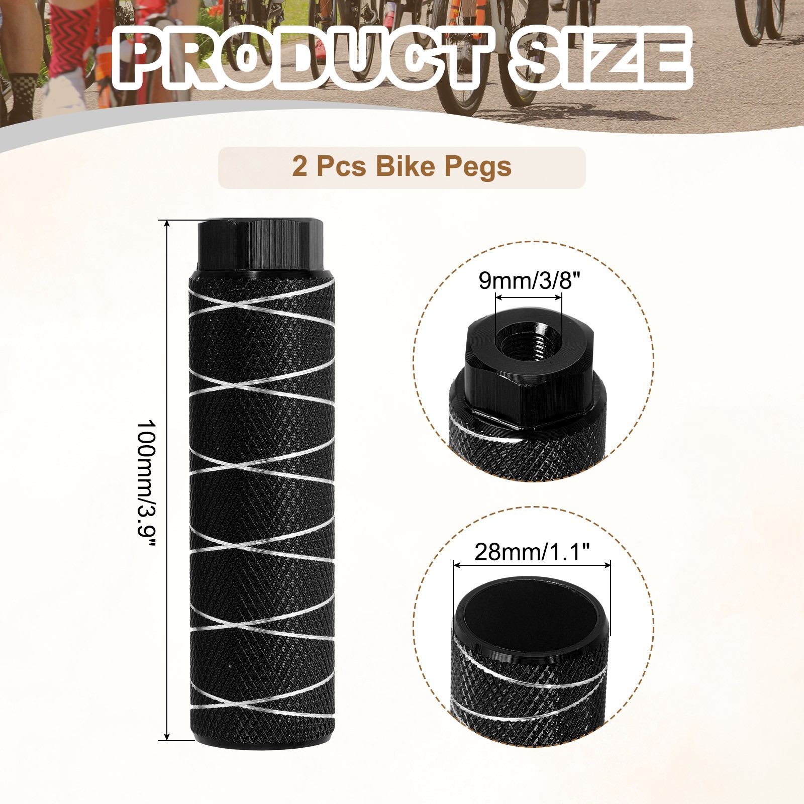 2 Pack Aluminum Alloy Bike Pegs Anti-Skid Fit 3/8 Inch with Thin Line Dark Black