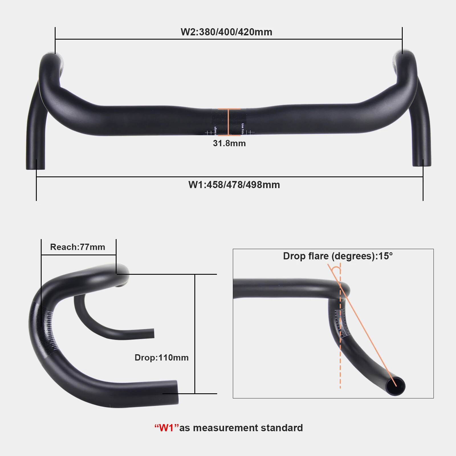 31.8 Carbon Gravel Bike Drop Bent Bar 15°Drop Flare 458/478/498 Racing Handlebar