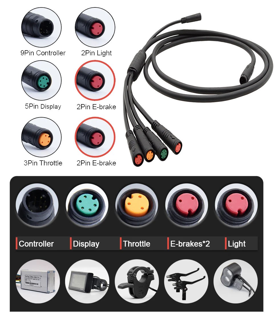E-bike 150cm 2T4 Extension Cable 9Pin Controller Adapter Cable Waterproof Plug