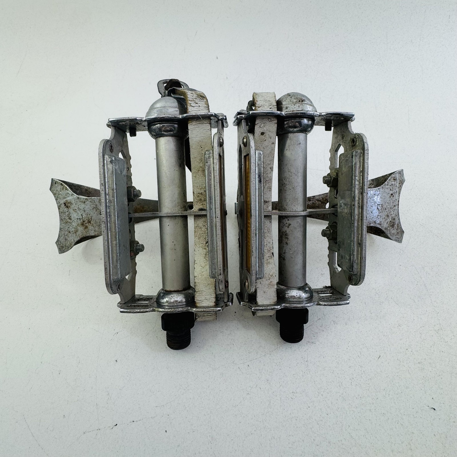 Vintage MKS K11A Platform Pedals Christophe Toe Clips Straps 9/16 In Silver A96