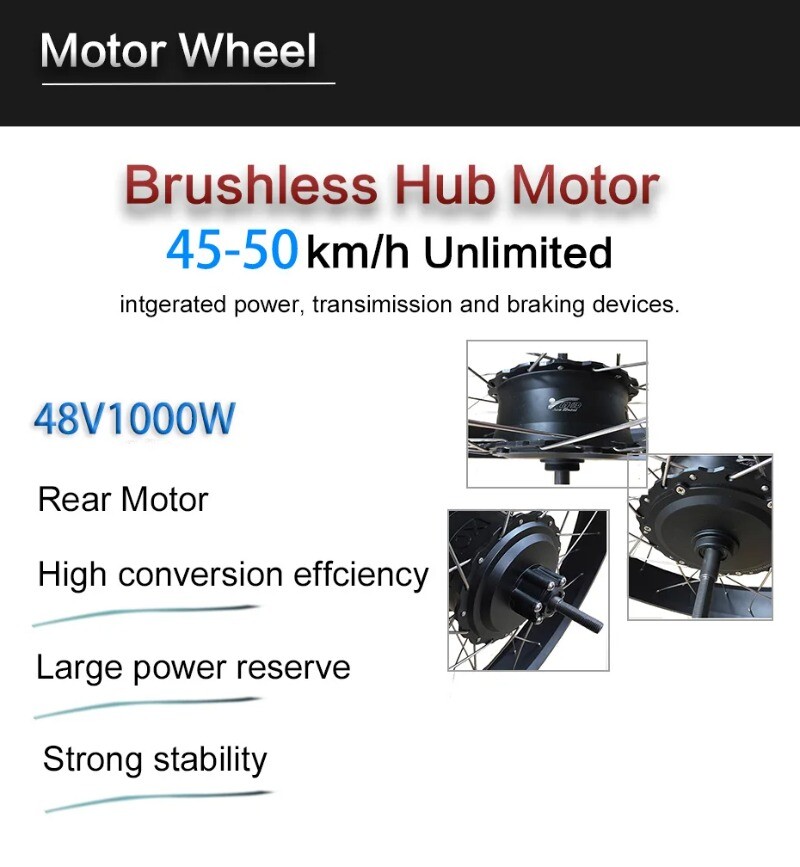 20 24 26» Snow Electric Bike Conversion Kit 48V 1000W Fat Tire Rear Hub Motor