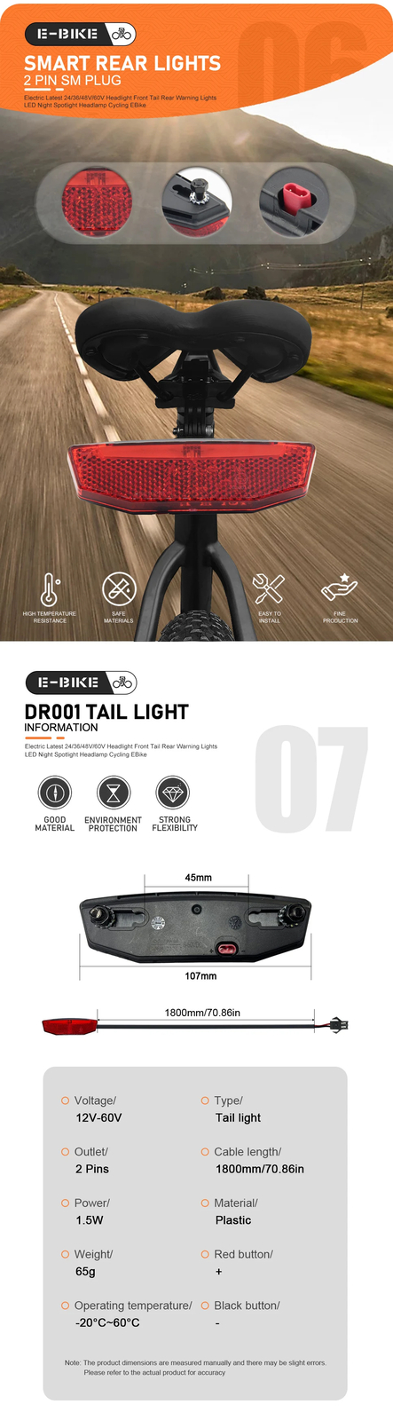 Electric Bike Front Brake Rear Light Set for 12V-72V Battery Headlight Switch