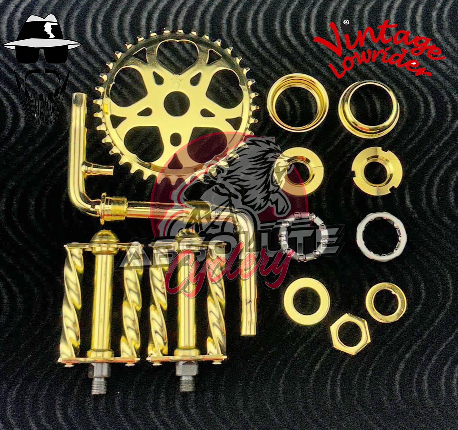 VINTAGE LOWRIDER GOLD CRANK PACKAGE, TWISTED PEDALS 20″ CRUISER/LOWRIDER BICYCLE