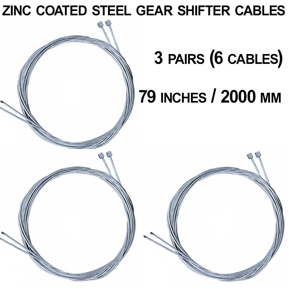 Bicycle Zinc Coated Steel Gear Shifter Cables – 2000mm, 79in – 3 pairs, 6 cables