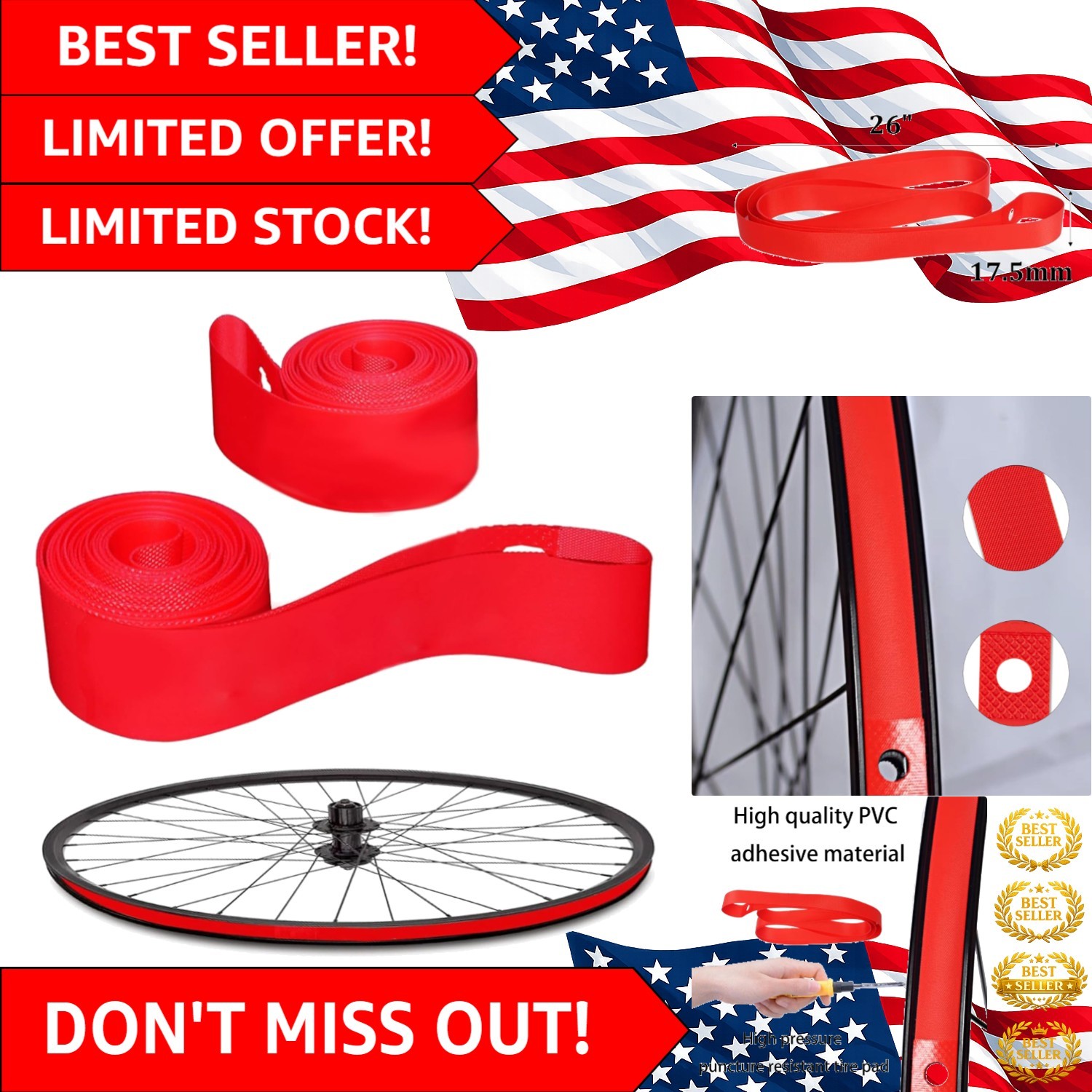 Puncture Resistant 26” Rim Tape – 2Pcs Red Elastic PVC for Mountain & Road Bikes