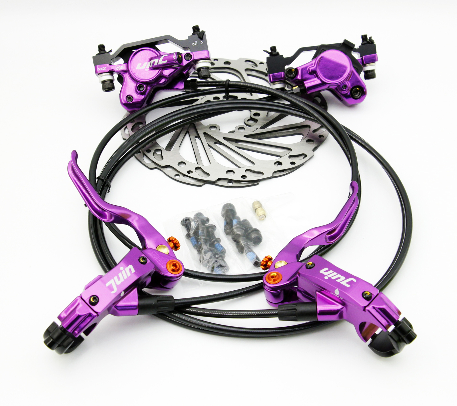 Juin Tech DB2 Purple Hydraulic Disc Brake Set Front/Rear + 160mm Rotors MTB