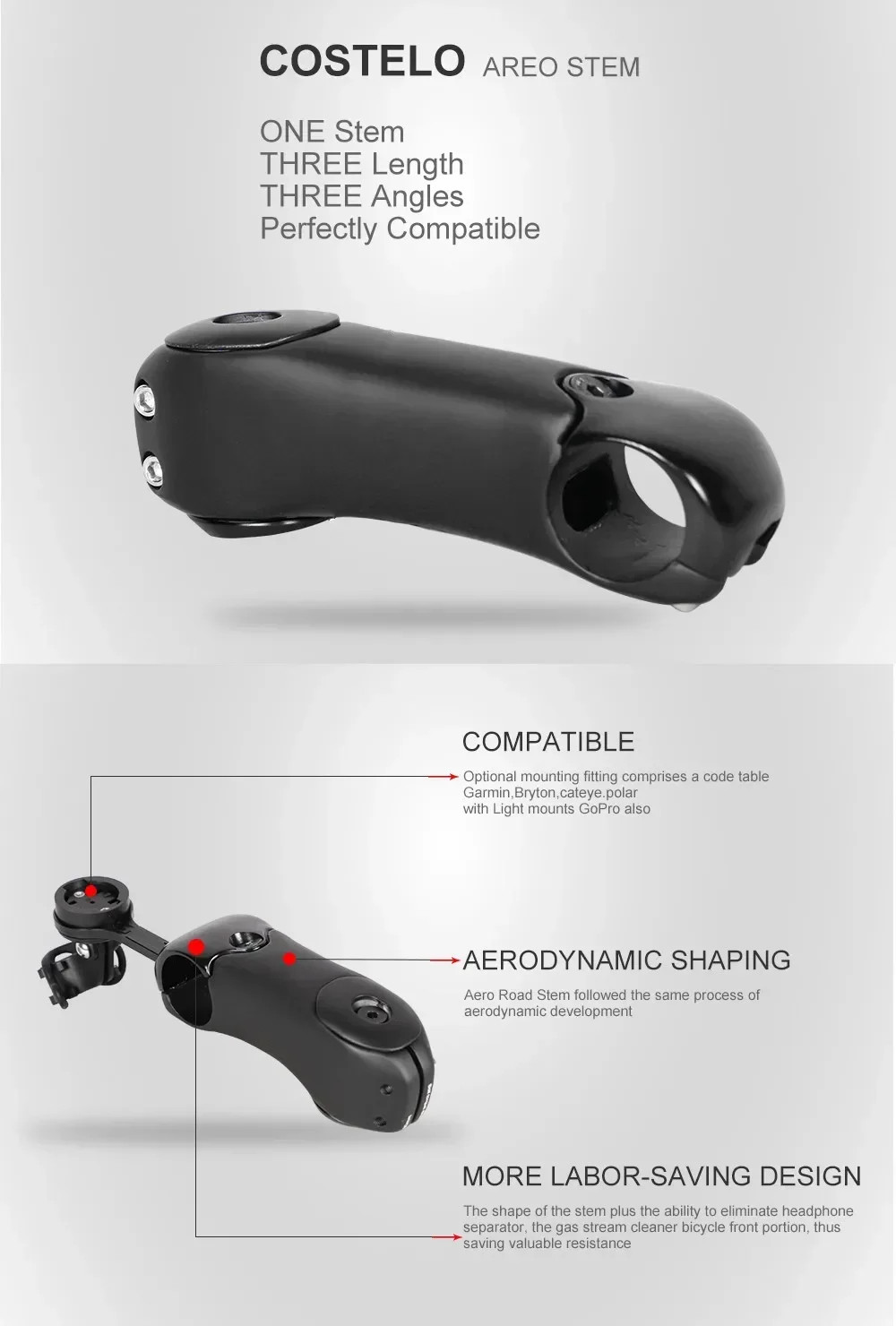 Bicycle Stem 3 Degrees Aero Stem Carbon MTB/Road Bike Stem with Computer Mounts