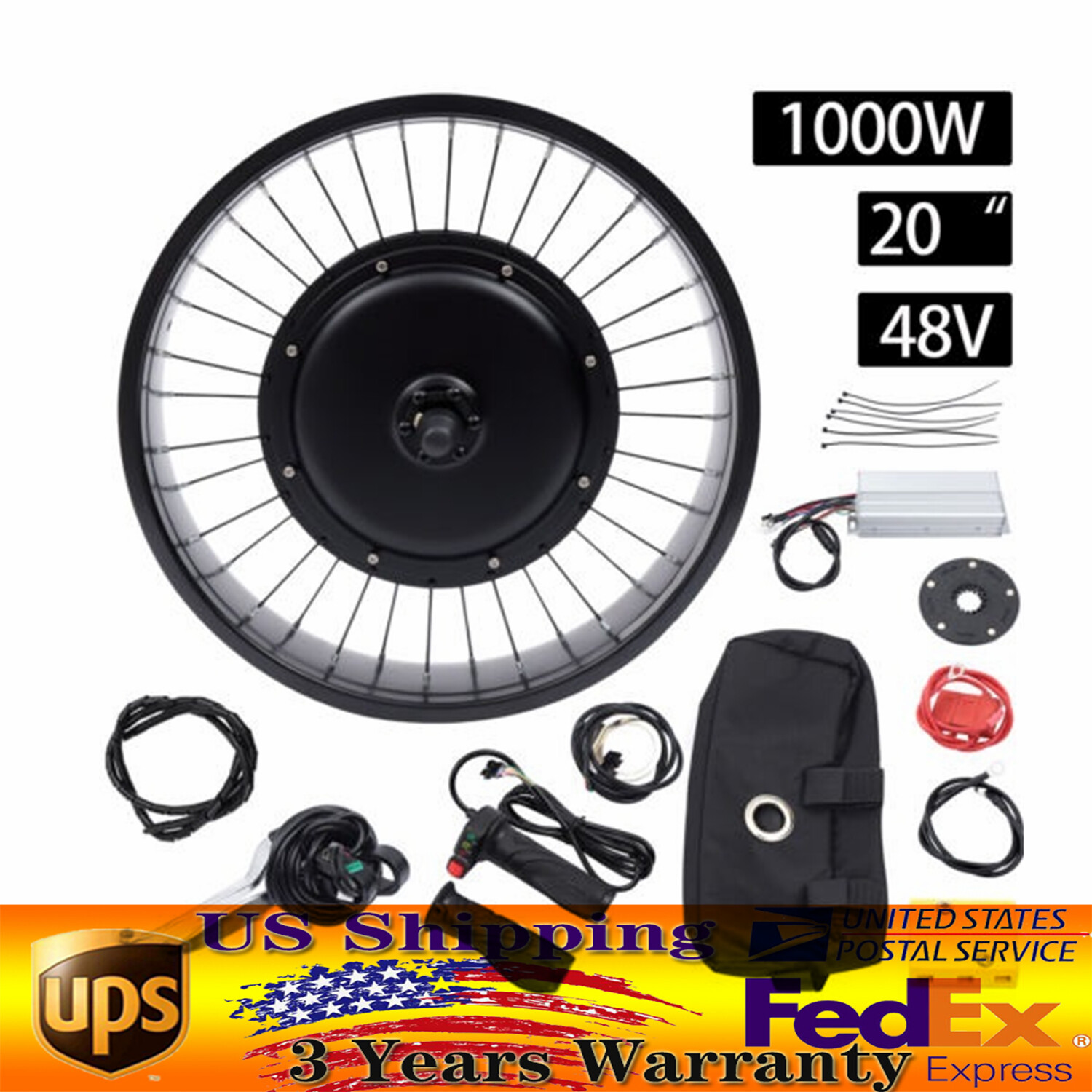 20″ 48V 1000W E-Bike Electric Bicycle Motor Conversion Kit Fat Tire Front Wheel