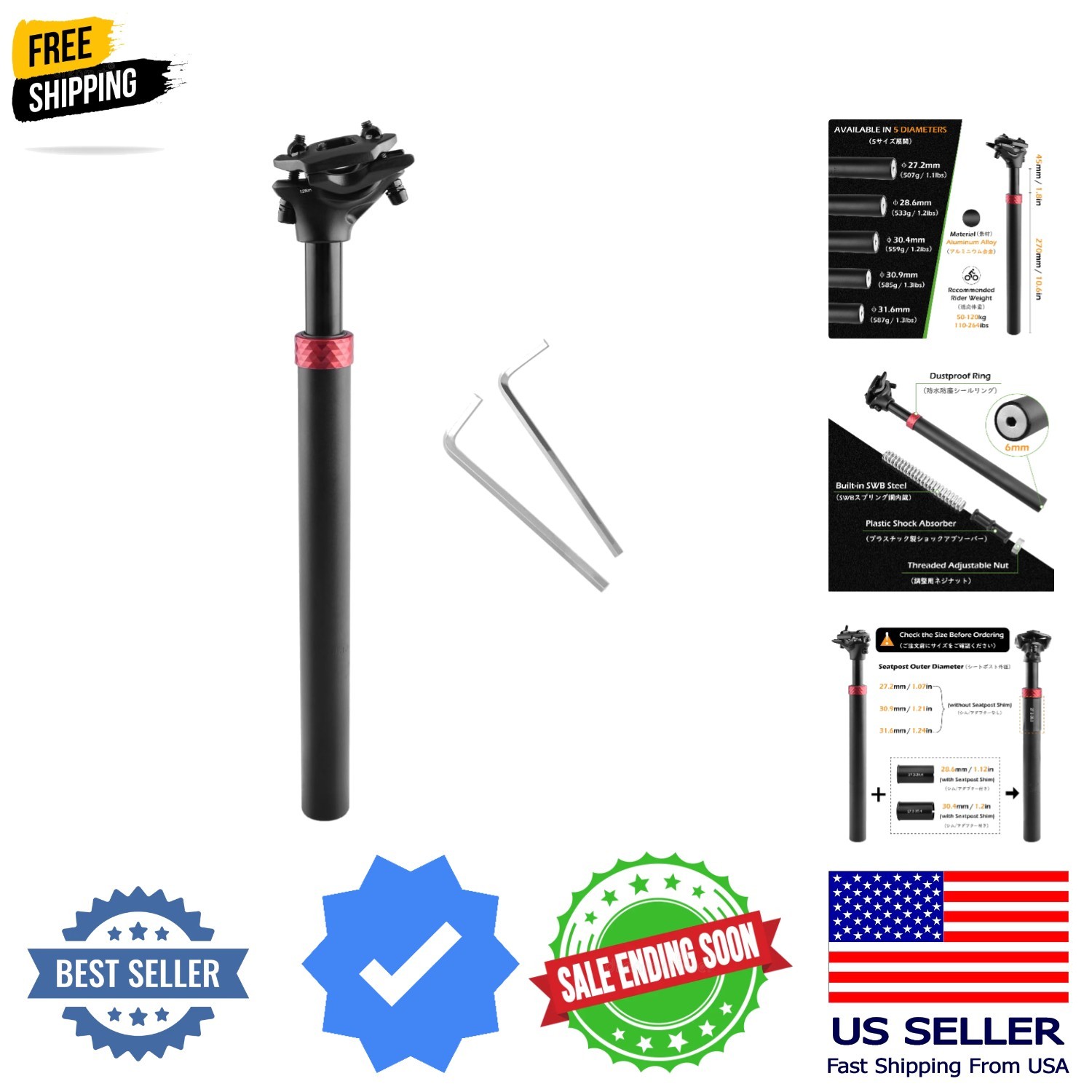 Bike Seat Post 25.4mm 27.2mm 28.6mm 30.4mm 30.8mm 31.6mm Aluminum 350mm Lengt…