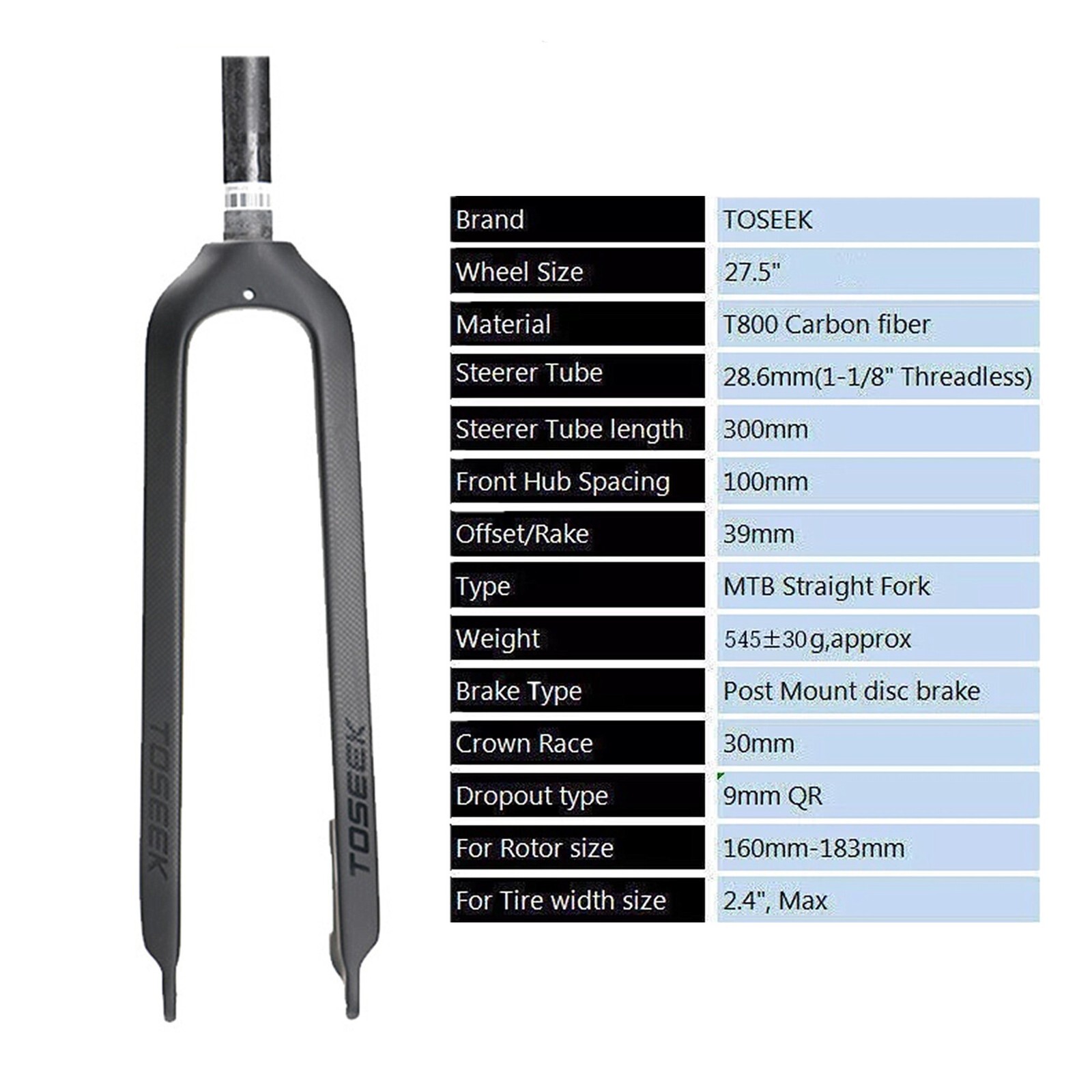 27.5″ TOSEEK 1-1/8″ Full Carbon Fiber MTB Fork Disc Brake Rigid Super Light Fork