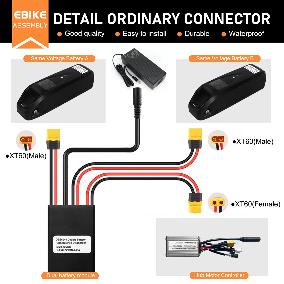 20A 30A 40A Ebike Dual Battery Discharge Converter Connection Adapter 20V-72V