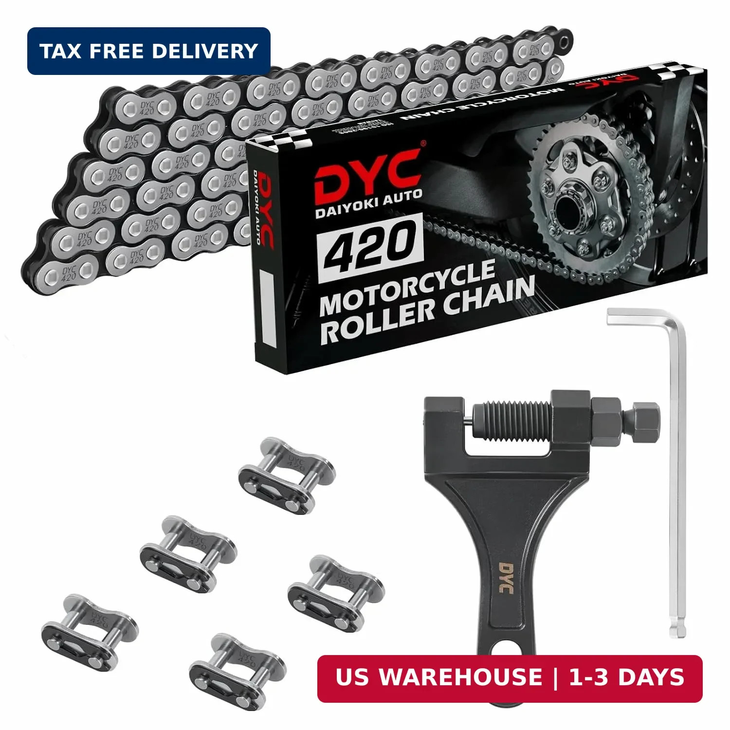 DYC 420 Chain 132 Links with 5 Master Links and Chain Breaker Tool | Cut to fit