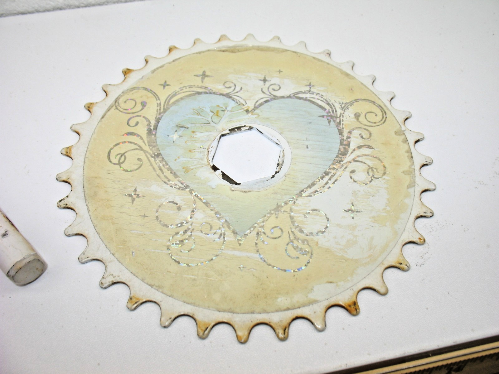 16″ Huffy White Steel Crank 114mm (4-1/2″) 36 Tooth Chainring with B/B Set-USED