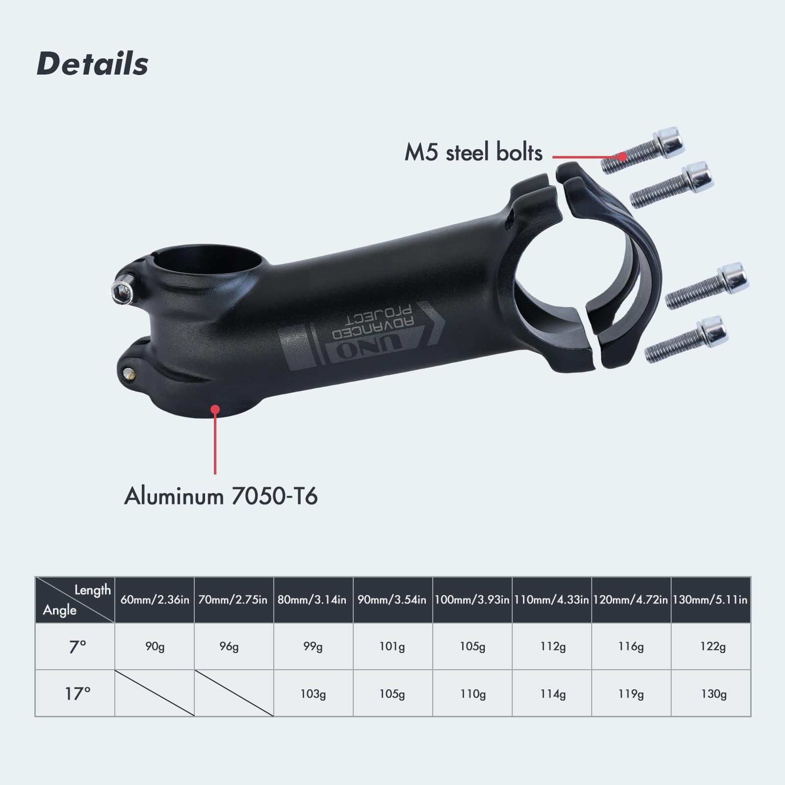 DJC UNO Bike Stem Ultralight -7 Degree for 31.8mm – 100mm