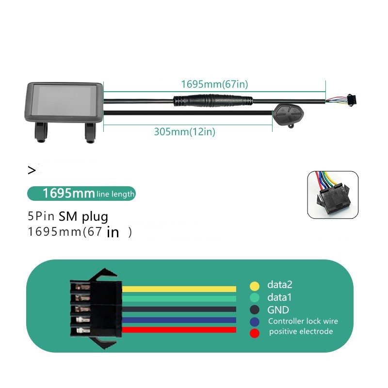 E-Bike Compatible UKC1+ Smart LCD Color Screen with light wire 5PIN SM plug.