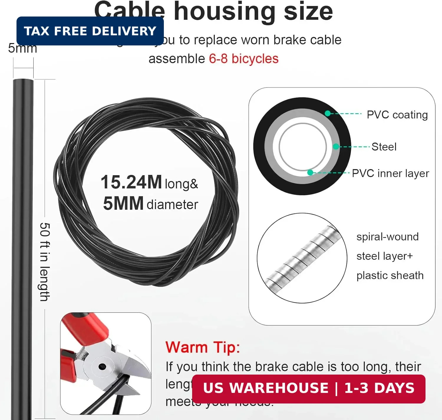 5mm x 50ft Bicycle / Bike Lined Brake Cable Housing, Black – Housing Only