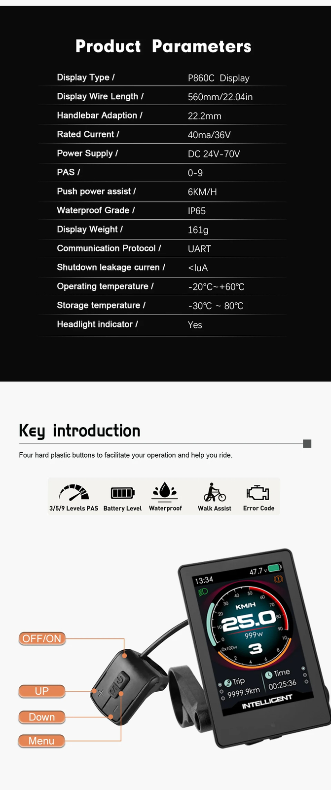 P860C Colorful Display Electric Bike Conversion Kit with USB UART 5PIN 24V-70V