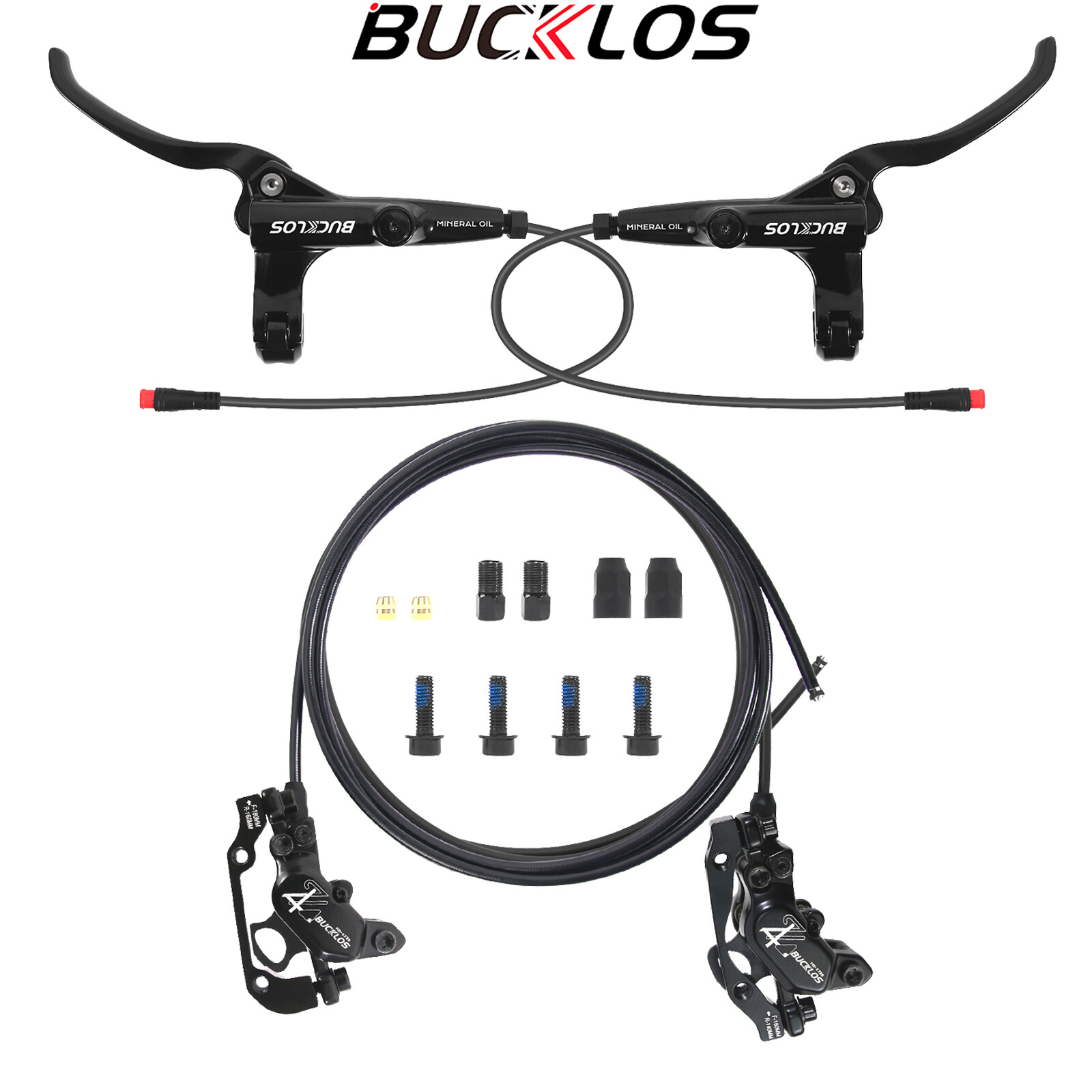 BUCKLOS E-Bike Hydraulic Brakes Set Front/Rear 4-Pistons Power Off 1150&1950mm