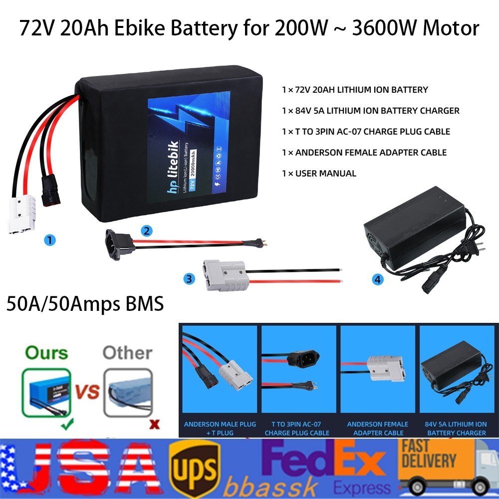 eBike Battery 72V 20Ah Lithium for 0~3600W Electric Bicycle Bike Motor 50A BMS