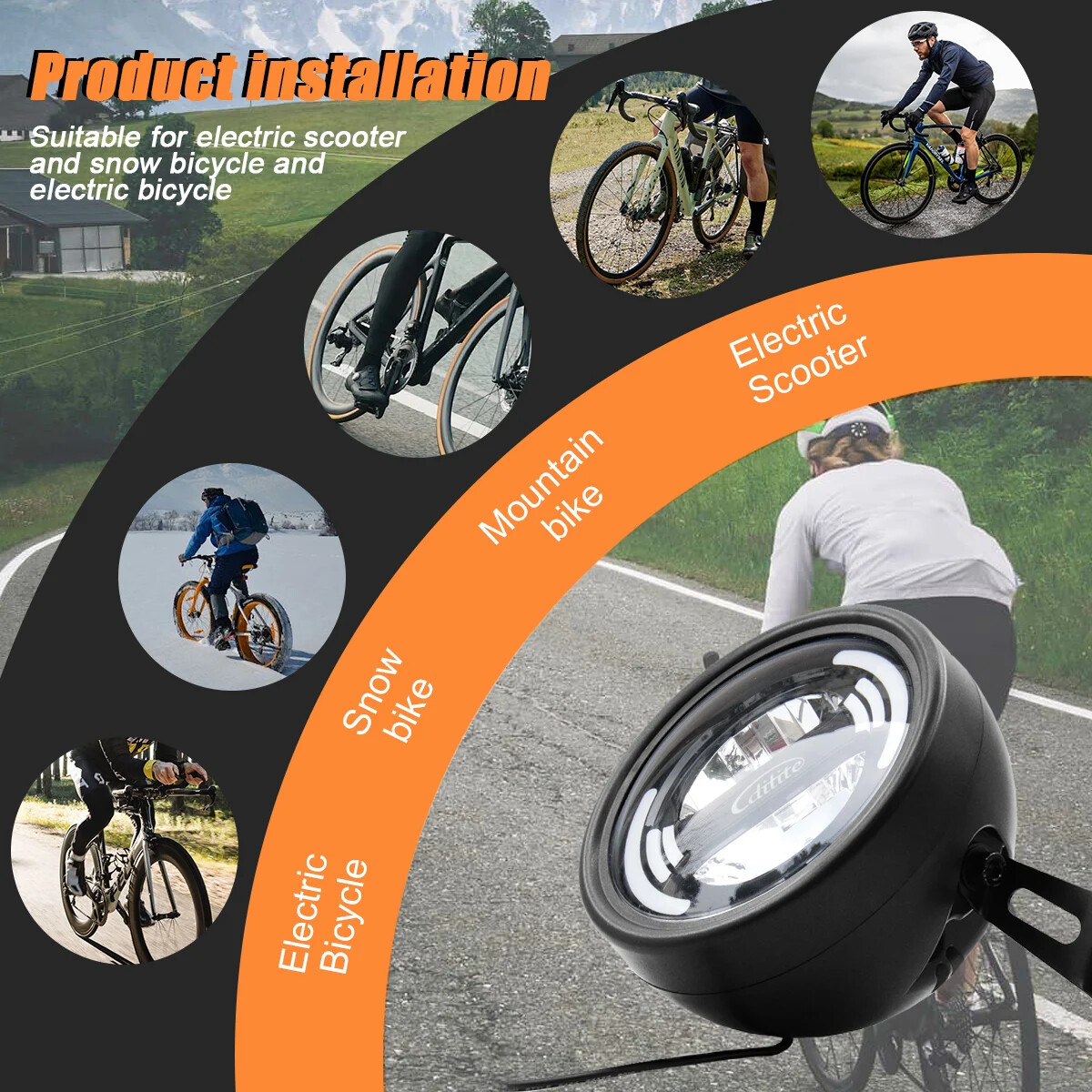 E-Bike Headlight DH009 2pin SM/Waterproof Plug 12-48V Front Light Spotlight Part