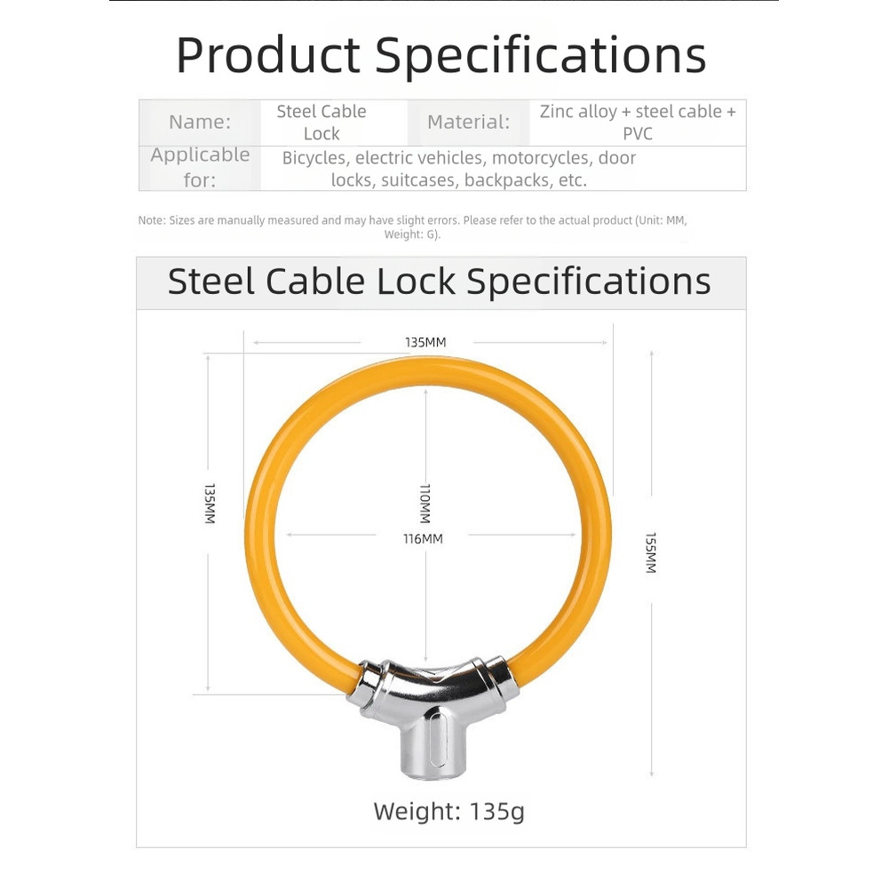Secure Zinc Alloy Bike Lock with 11 5mm Steel Cable and Double Sided Key System