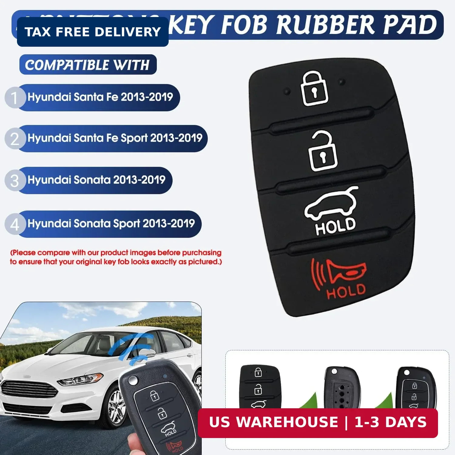 3 Pack Key Fob Button Pad Replacement Fits for Hyundai Santa Fe Sonata Sport 201