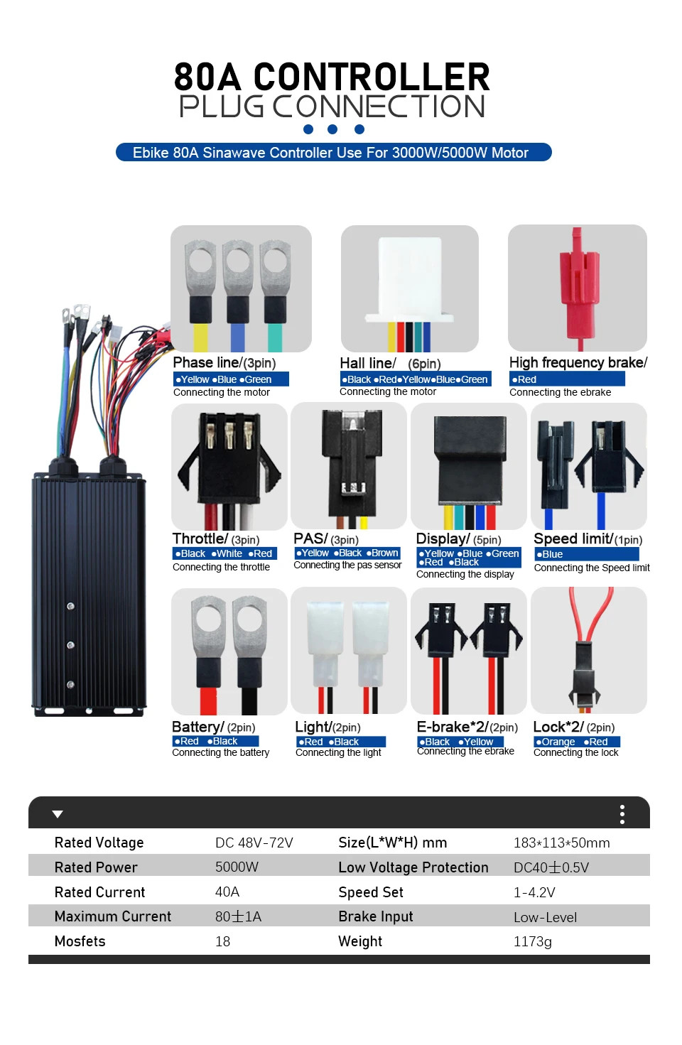 E-bike Sine Wave Controller 48V 72V 80A with LCD Color Display 5000W Motor Kit