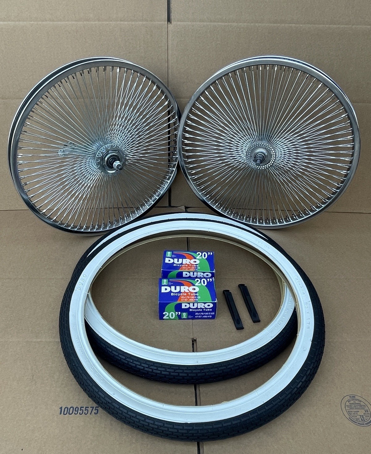 PAIR 20″ Vintage Lowrider Bicycle Chrome Wheels Front Back 144 Spoke Tires Tubes