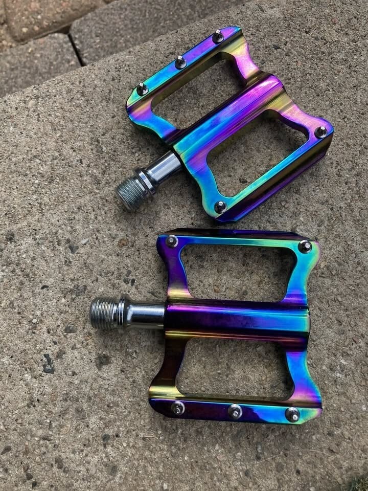 Anodized ano oil slick platform pedals flat BMX mountain bike 9/16″ oilslick S