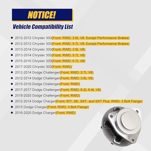 513325 Front Wheel Bearing and Hub Assembly Compatible with 2012-2020