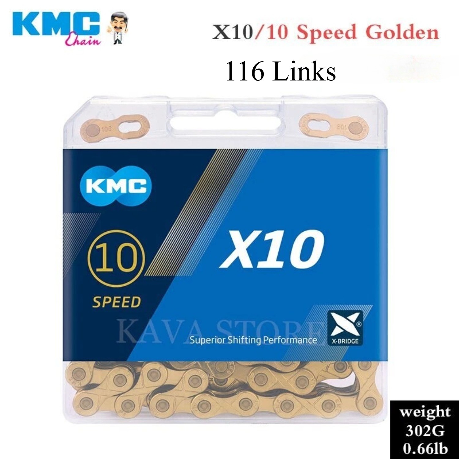 KMC Bike Chain X10 Gold, High Performance Bicycle Chain, X-Bridge,116 Links