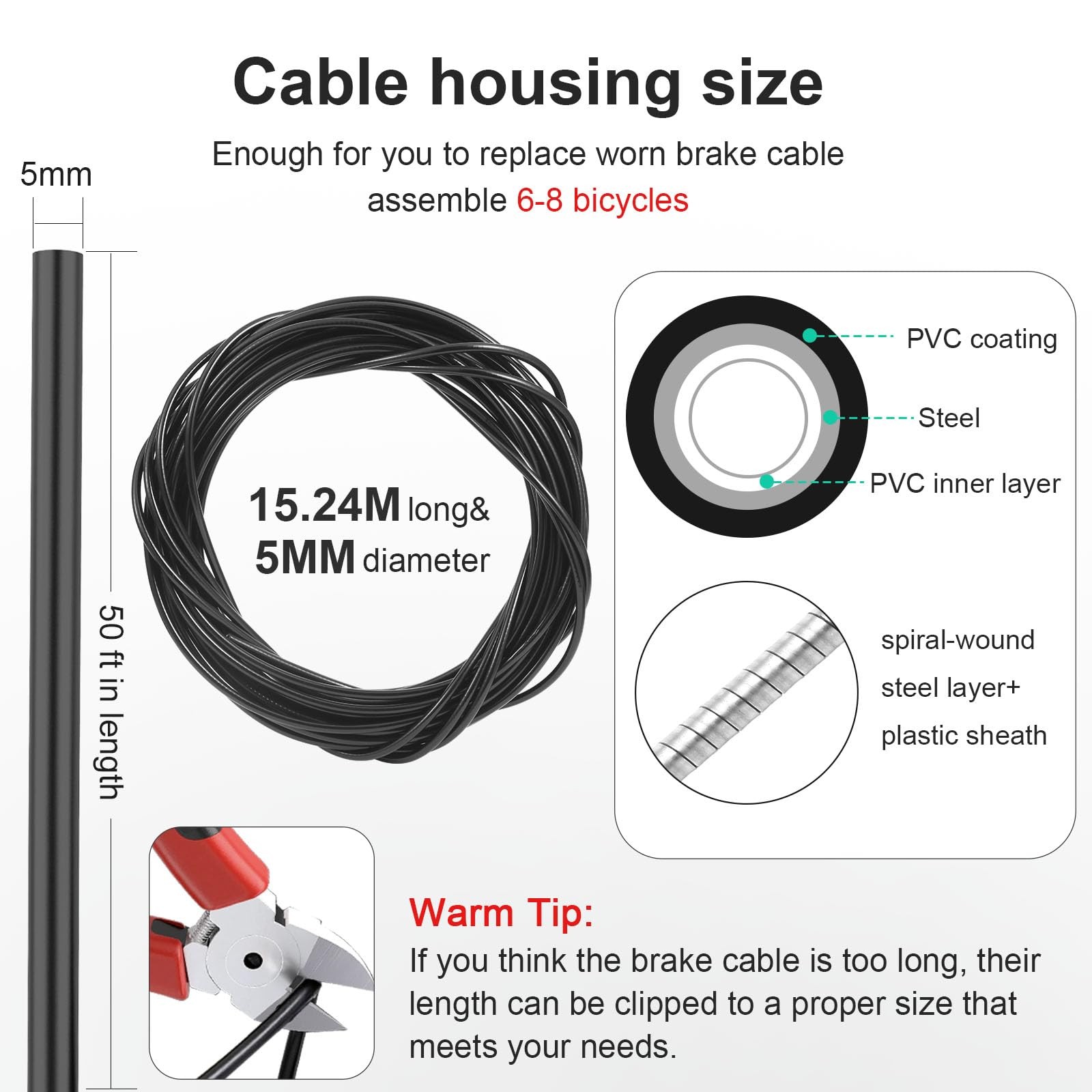 Brake Cable Housing, 5mm x 50ft Bicycle/Bike As shown in the figure, Black